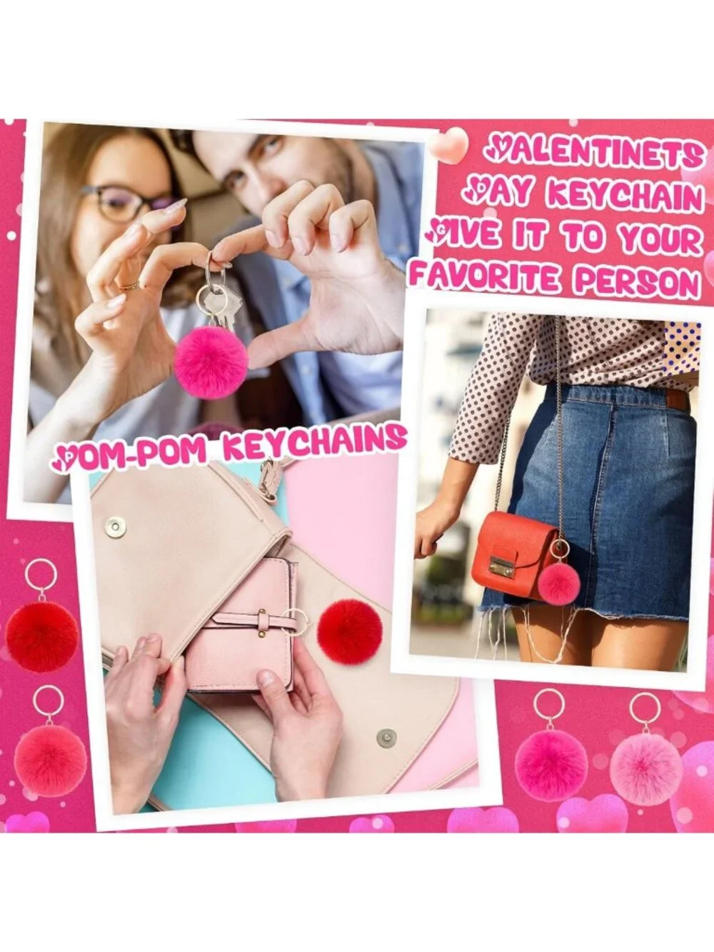 60 Pcs Pink Pom Poms Keychains - Cute Fluffy Balls for DIY Party Favors & Gifts